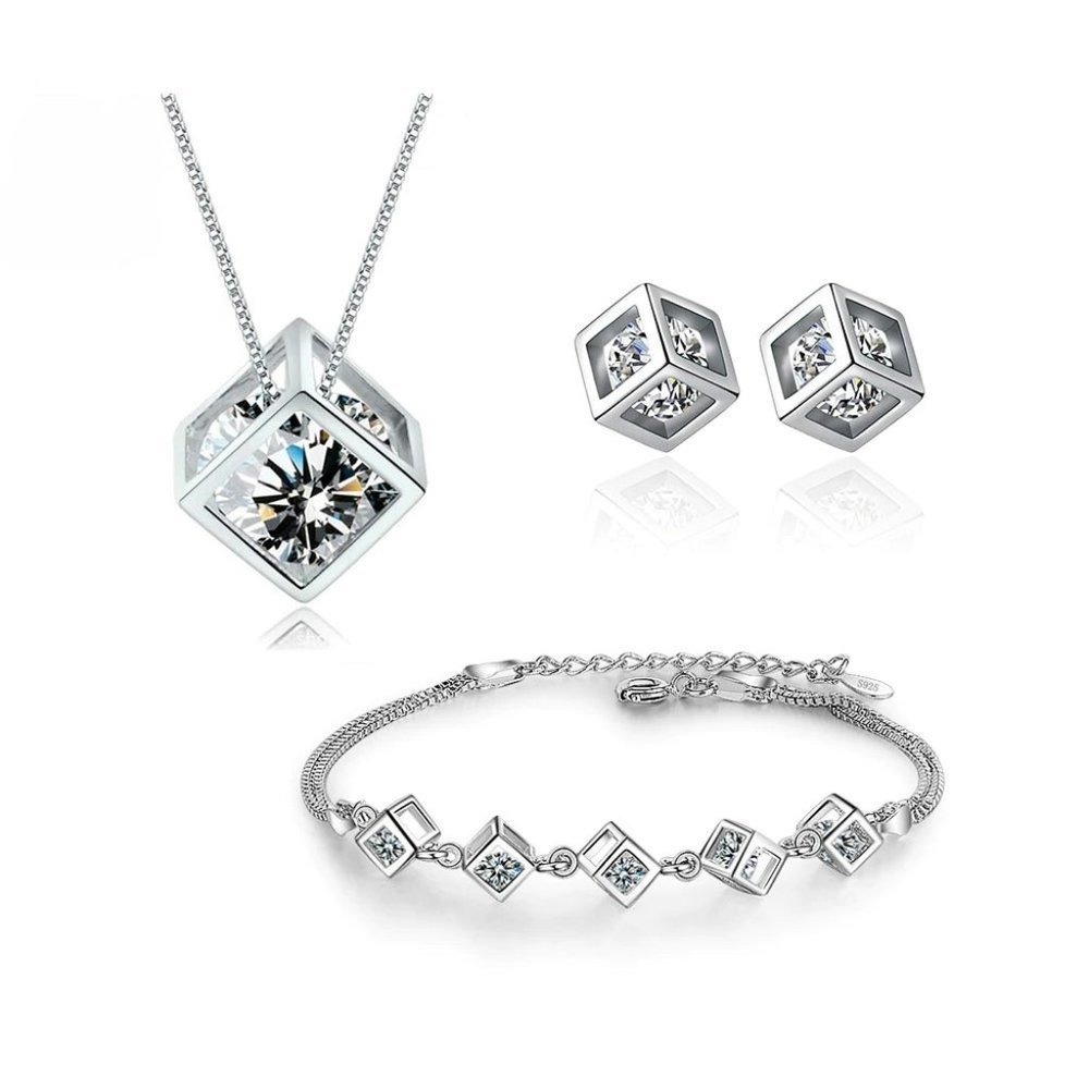 NEW [Set of 3] 925 Sterling Silver Diamond Cube x